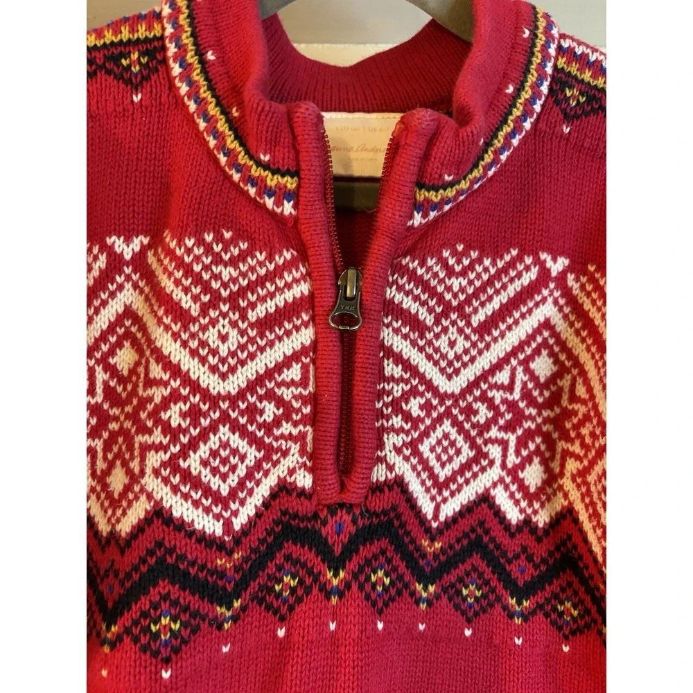 HANNA ANDERSSON Red Cotton Fair Isle 1/4 Zip Sweater 6-7 Christmas